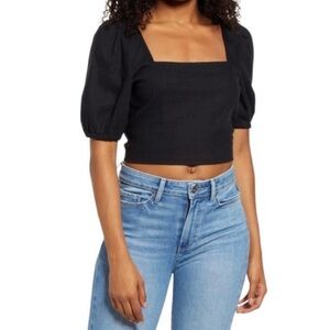 NEW Rachel Zoe 100% Linen Square Neck Ruched Puff Sleeve Crop Top